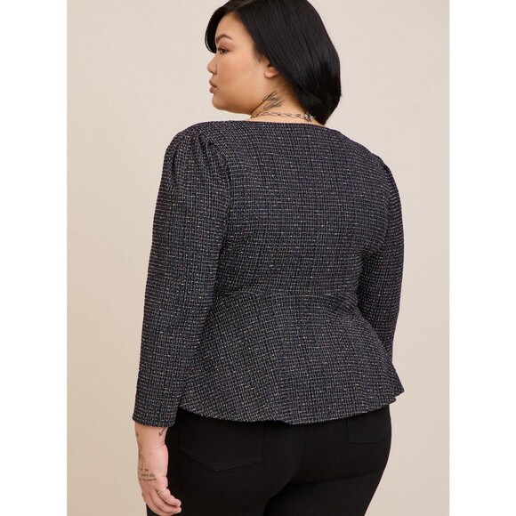 NWT Torrid 5X Black Rainbow Multicolor Boucle Knit V-Neck Peplum Top - Picture 3 of 8